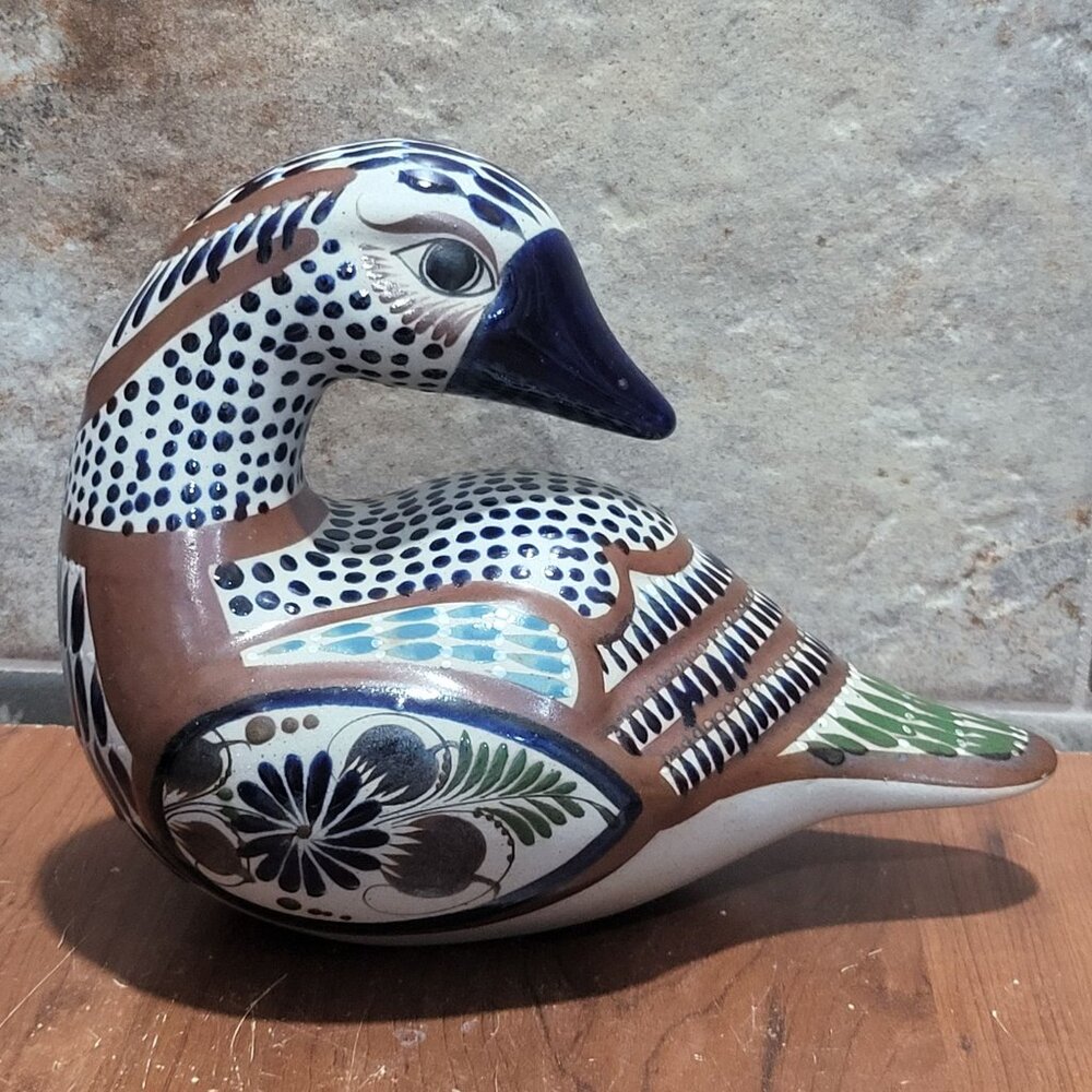 Hand Painted Ceramic Duck Figurine Mexican Folk Art Pottery Marked Mateos Mexic